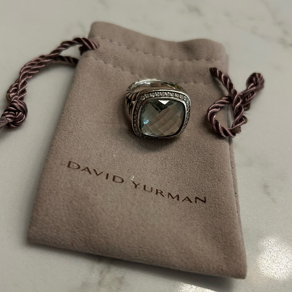 David Yurman 11mm Albion Ring with Prasiolite Gem and Pave Diamonds - Size 6